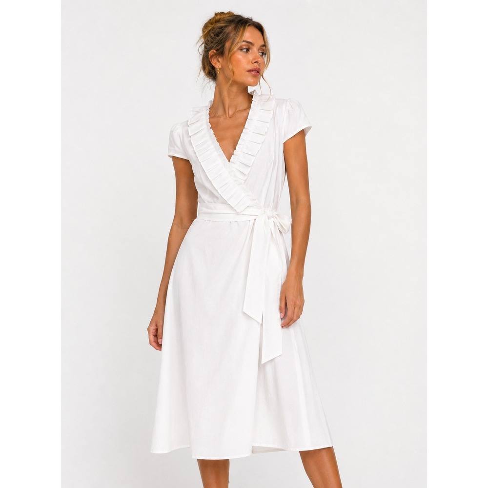 White Cotton Ruffle Dress Size 10 Belted Cap Sleeve Romantic Prairie NWT